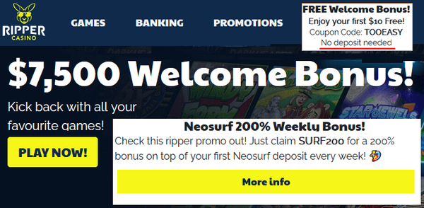 Ripper Casino, Neosurf players welcome, no deposit bonus